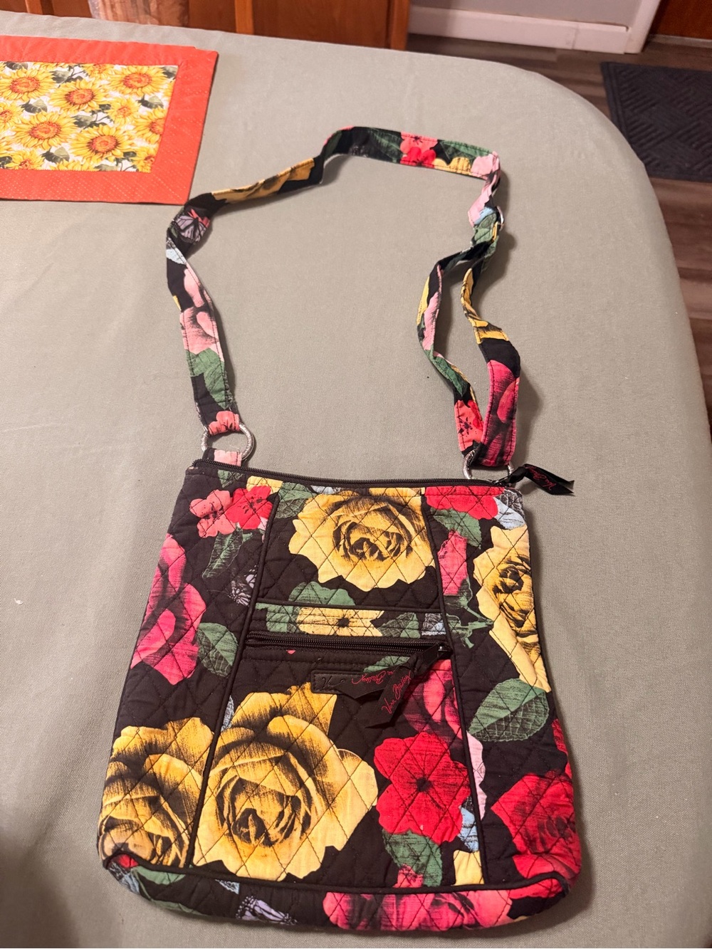 Vera Bradley Black Quilted Crossbody with Yellow & Red Floral Print